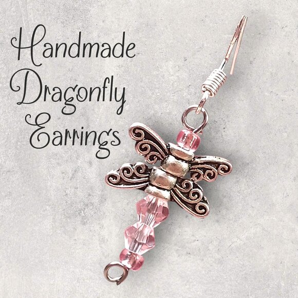Silver-Toned Dragonfly Dangle Earrings with Pink Crystal Beads - Picture 2 of 11